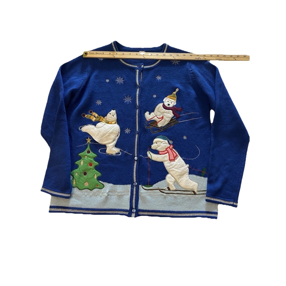 Christmas Sweater Holiday Polar‎ Bears Trees Ugly Cardigan Embroider READ